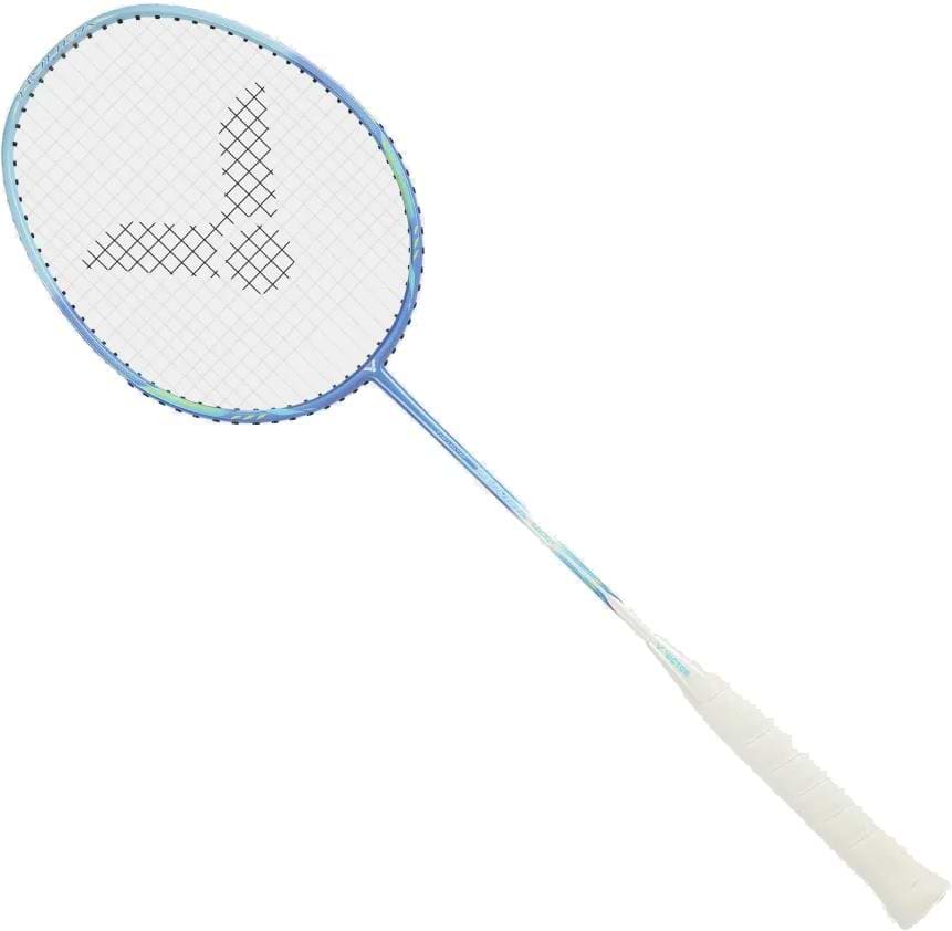 The Victor Thruster Ryuga Sport F 3U Badminton Racket in blue by Victor features a white grip and a unique black arrow-like pattern on the strings, perfect for beginner to intermediate players, pictured on a plain white background.