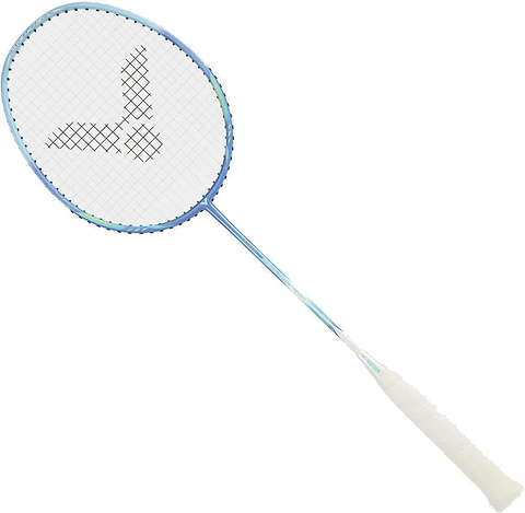 The Victor Thruster Ryuga Sport F 3U Badminton Racket in blue by Victor features a white grip and a unique black arrow-like pattern on the strings, perfect for beginner to intermediate players, pictured on a plain white background.