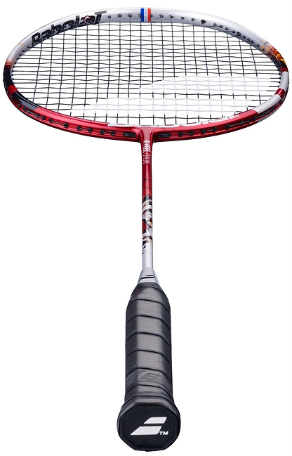A silver and red Babolat X-Feel Origin 2026 3U badminton racket with a black grip is shown facing forward on a white background; perfect for intermediate to advanced players seeking precision and power.