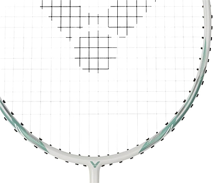 Close-up of a tennis racket head with a white frame and black strings, perfect for beginner/intermediate players. Its circular design of black squares resembles the Victor Auraspeed 9 R 4U Badminton Racket - Blue/White against a plain white background.