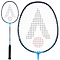 A black and blue beginner badminton racket with an isometric head displaying a patterned logo on its string face, equipped with black strings. The handle is fitted with a black grip. A side view of the Karakal CB-3 2.1 Badminton Racket can be observed alongside it.