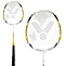 Two badminton rackets are displayed, with one angled to the left and the other facing forward. As part of our educational range, each Victor AL580 Junior Badminton Racket is designed with a sturdy white and yellow frame, proudly showcasing the Victor brand logo within the string pattern.