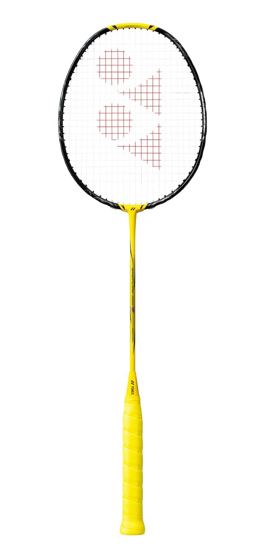 The Yonex Nanoflare 1000 Z 4U Badminton Racket - Lightning Yellow is a vibrant yellow racket with a black frame and white strings, adorned with the Yonex logo in red. Its exceptional maneuverability and precision grip make it ideal for delivering the fastest smash on the court.
