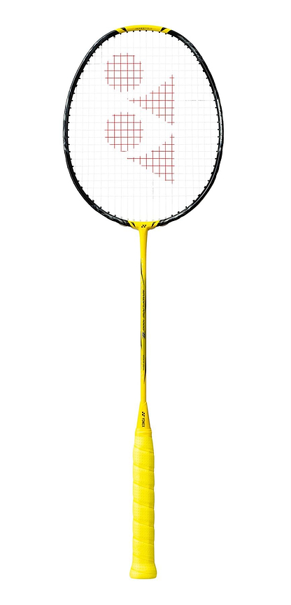 The Yonex Nanoflare 1000 Z 4U Badminton Racket - Lightning Yellow is a vibrant yellow racket with a black frame and white strings, adorned with the Yonex logo in red. Its exceptional maneuverability and precision grip make it ideal for delivering the fastest smash on the court.
