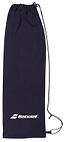 The Babolat Badminton Racket Sling Bag - Black is a lightweight drawstring bag made from durable polyester, featuring the Babolat logo in white at the bottom. Its long, thin cord ensures a secure close, ideal for covering badminton rackets.