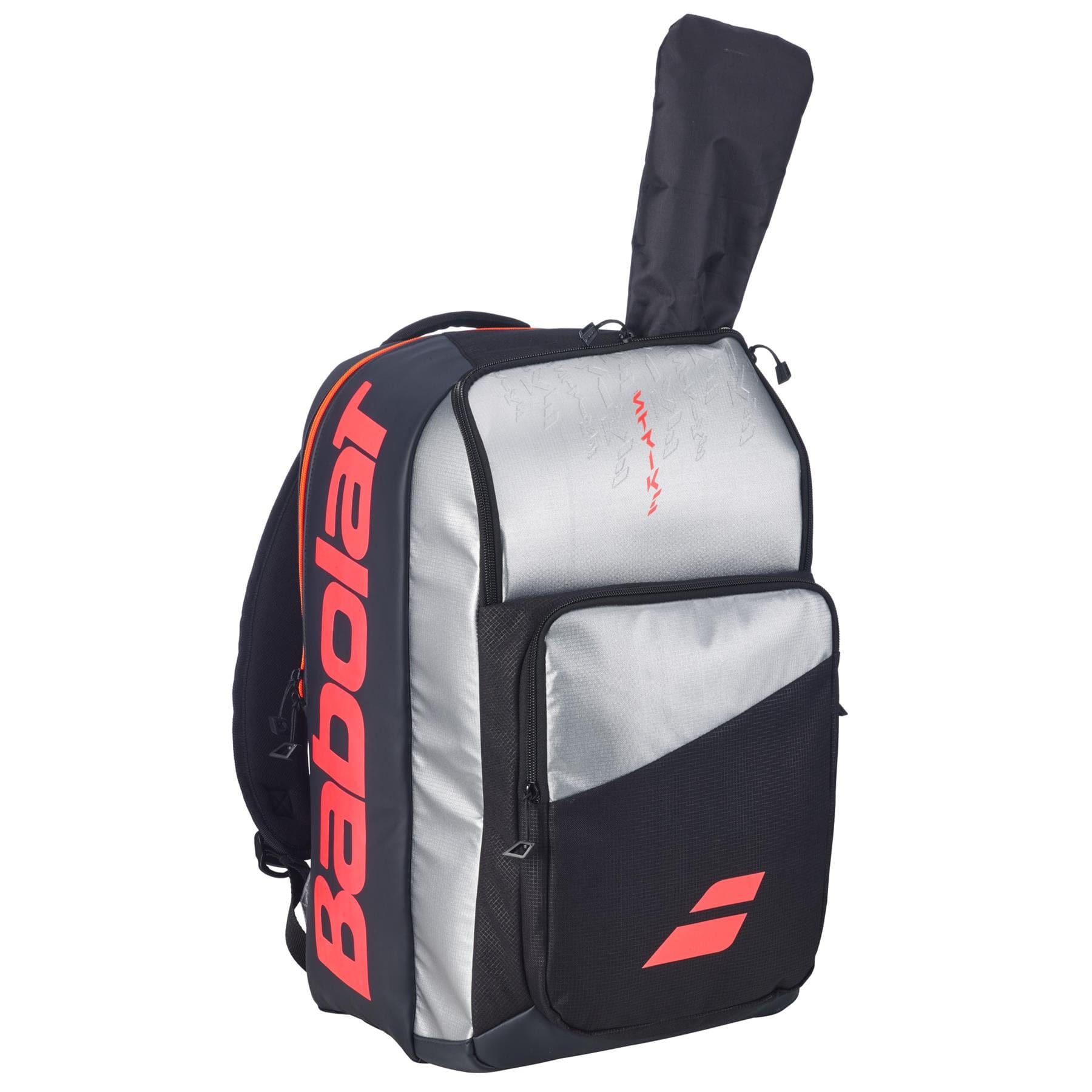 The Babolat Pure Strike Tennis Backpack - Carbon Grey features black, gray, and red accents, a front pocket, side logo, and a racquet compartment—making it the ideal sports backpack for tennis or badminton.