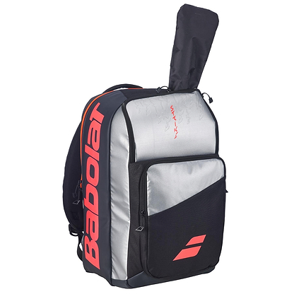 The Babolat Pure Strike Tennis Backpack - Carbon Grey features black, gray, and red accents, a front pocket, side logo, and a racquet compartment—making it the ideal sports backpack for tennis or badminton.