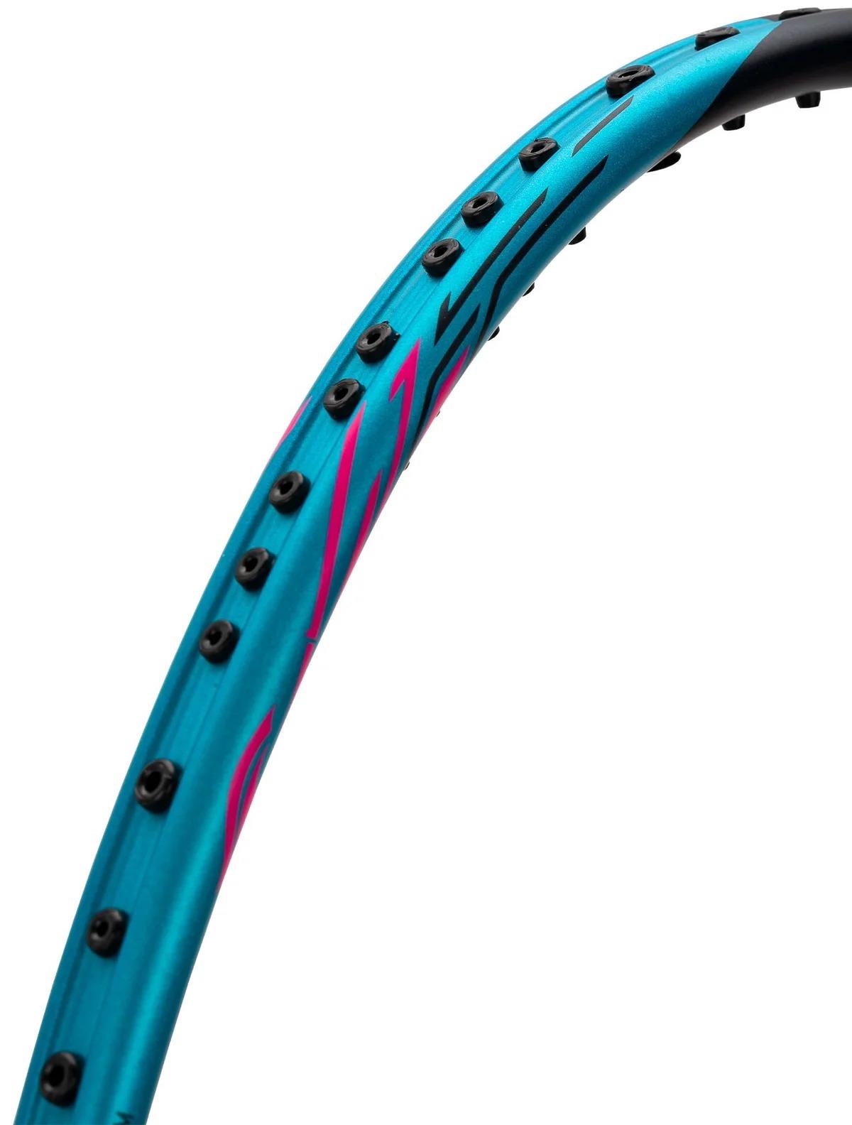 Close-up of the Li-Ning Halbertec 8000 4U Badminton Racket in Capri Breeze/Neon Iridescent Pink, featuring black grommets and pink accents on the rim against a white background.