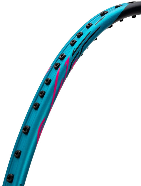 Close-up of the Li-Ning Halbertec 8000 4U Badminton Racket in Capri Breeze/Neon Iridescent Pink, featuring black grommets and pink accents on the rim against a white background.
