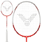 The Victor Thruster Ryuga TD Badminton Racket in Flame Red, with its unique black string pattern, is displayed as an excellent choice for advanced players. The close-up showcases the powerbox technology in its string design, while the handle is subtly visible in the background.