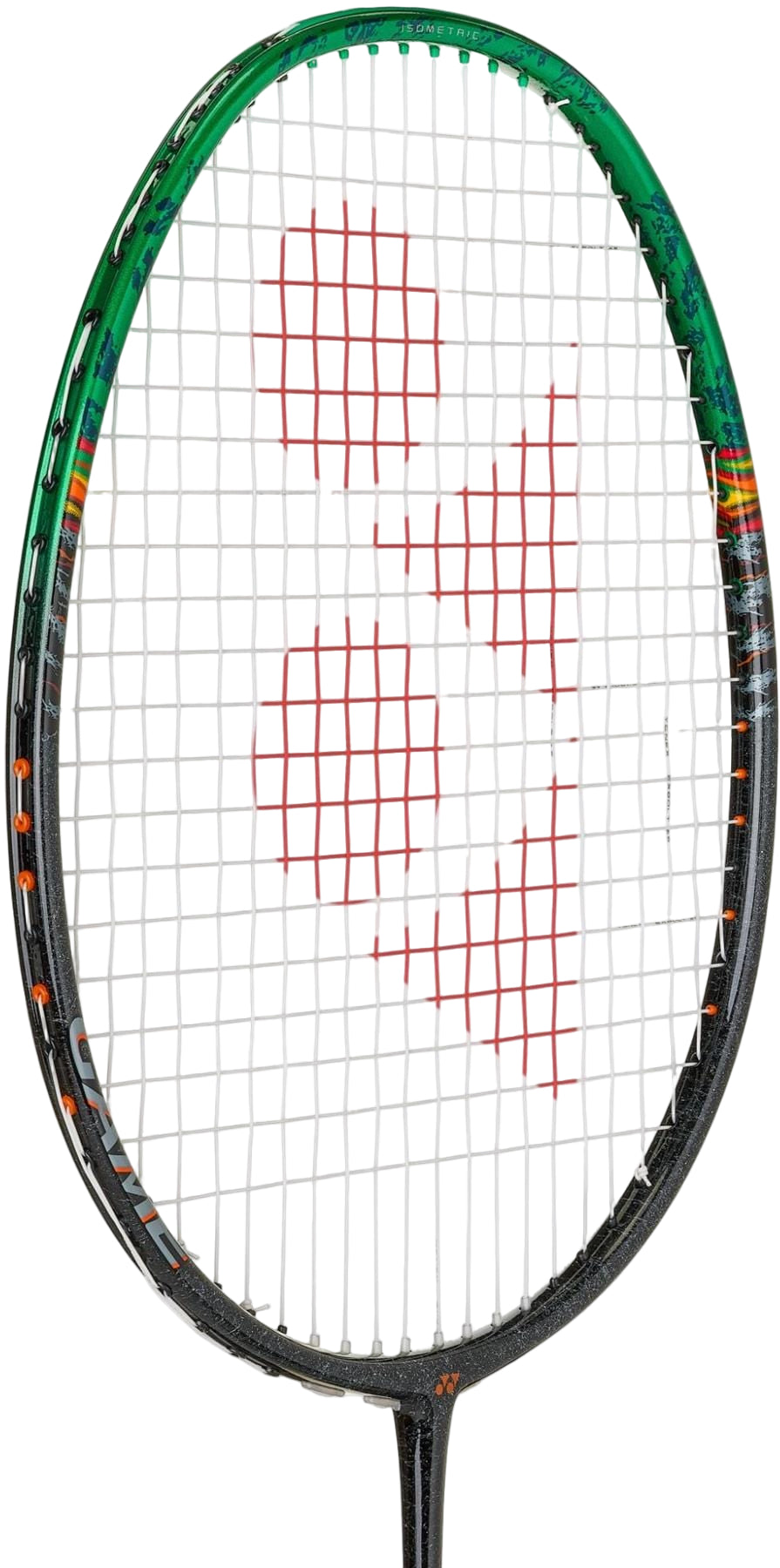 A close-up of the Yonex Astrox 99 Game 4U Badminton Racket in black and green, with red details on the white string bed, featuring Yonex’s Rotational Generator System for enhanced performance.