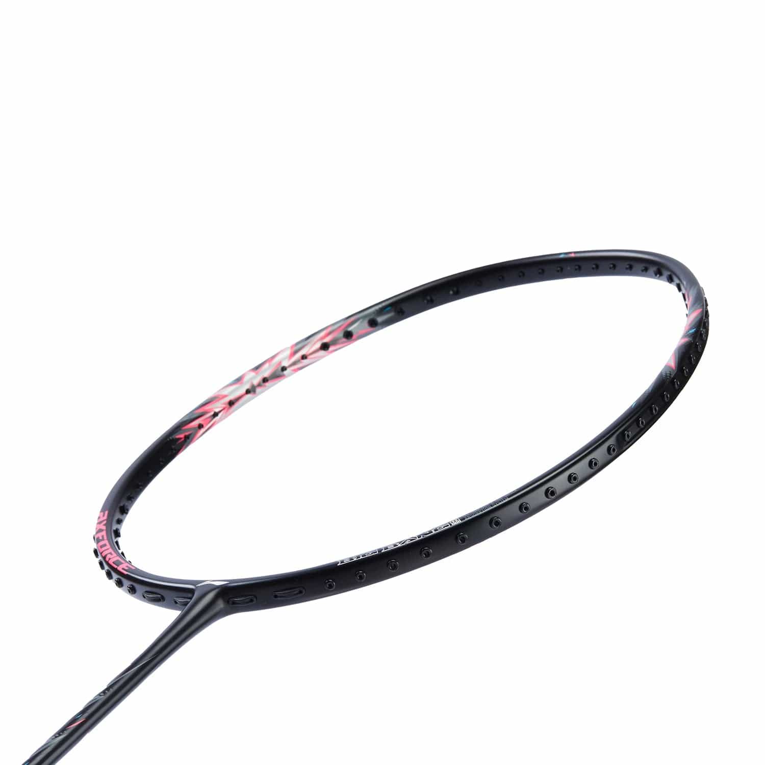 Close-up of a Li-Ning Axforce Big Bang 5U badminton racket tailored for intermediate to advanced players, highlighting striking silver accents on the elegant black frame. The image centers on the racket's head against a white background, emphasizing precision and performance.