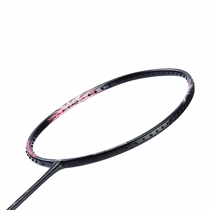 Close-up of a Li-Ning Axforce Big Bang 5U badminton racket tailored for intermediate to advanced players, highlighting striking silver accents on the elegant black frame. The image centers on the racket's head against a white background, emphasizing precision and performance.