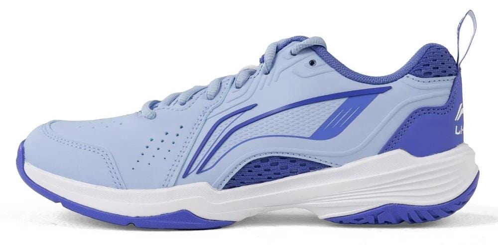 The Li-Ning Almighty V2.0 Unisex Badminton Shoes in Lilac/White feature a thick white sole, purple accents, perforations for breathability, and a textured heel and outsole for optimal grip and flexibility on the court.