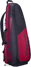 The Babolat Backrack 3 Badminton Bag in black and red features multiple zippered compartments, comfortable shoulder straps, and the Babolat logo printed in red on the front and side. This versatile bag is perfect for carrying your gear to tennis or badminton matches.