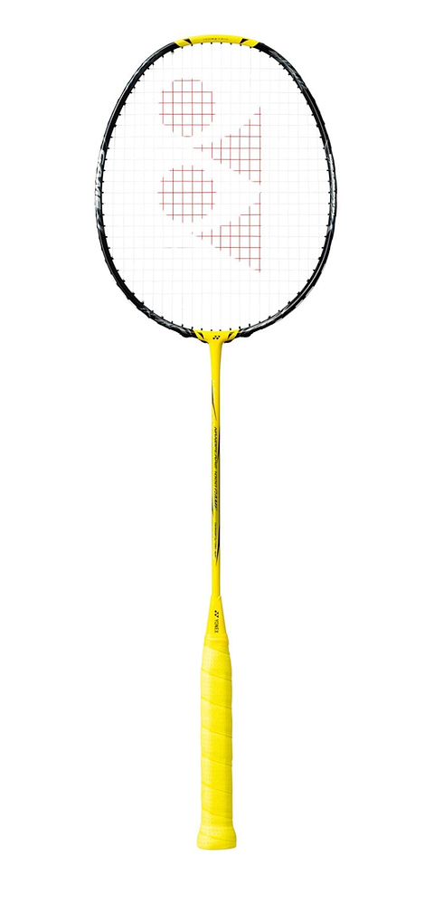 The Yonex Nanoflare 1000 Game 4U Badminton Racket in Lightning Yellow, adorned with white strings and a red logo on the head, promises enhanced performance. Its handle features a matching yellow grip tape. The racket is displayed against a pristine white background.