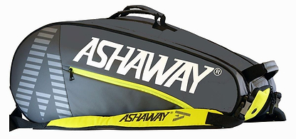The Ashaway ATB871 Double Thermo 6 Racket Badminton Bag in grey/yellow features a large white "ASHAWAY" logo, zippered side pocket, and black straps—ideal for carrying your rackets and gear in style.