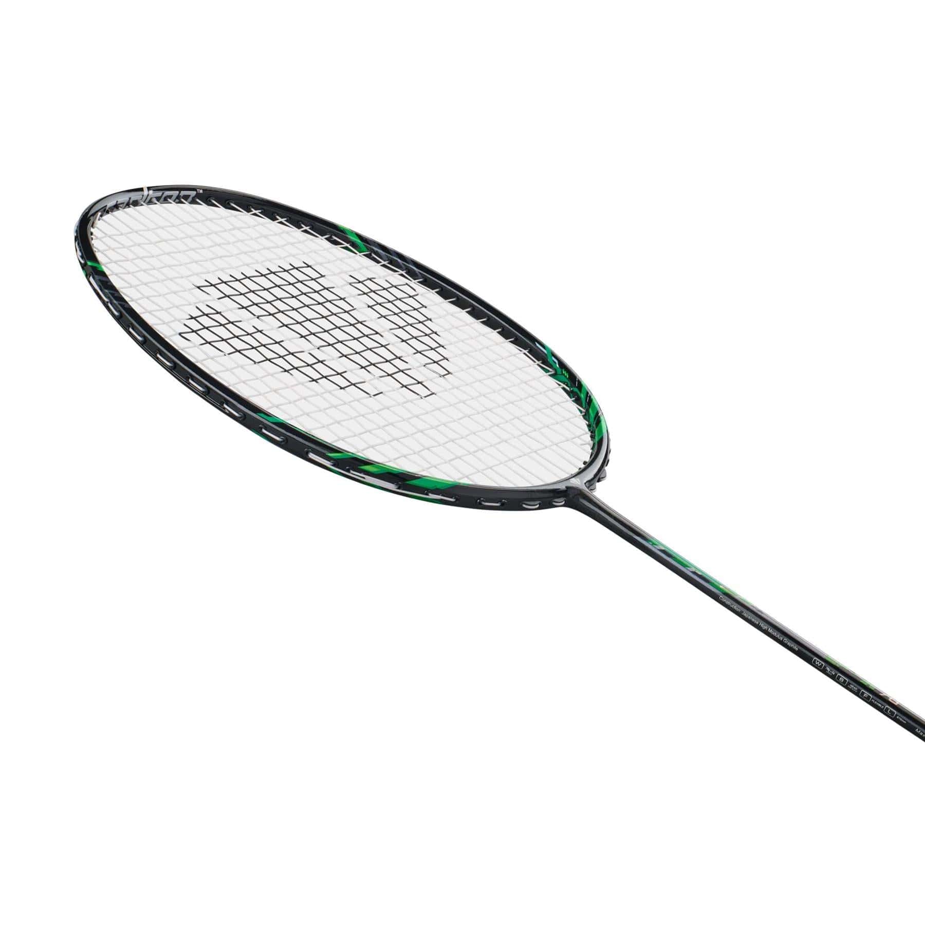 The Carlton GP-X 78 5U Badminton Racket by Carlton features a black and green frame with a white triangular string pattern and a head heavy balance, crafted from Japanese High Modulus Graphite, shown on a white background.