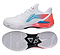 Introducing the Li-Ning LT01 Thunder Women's Badminton Shoes in White/Fruity Neon: sleek white with bold blue accents, featuring a striking coral heel. Equipped with Probar Loc for stability and a textured white sole with black details, these shoes ensure superior grip on the court.