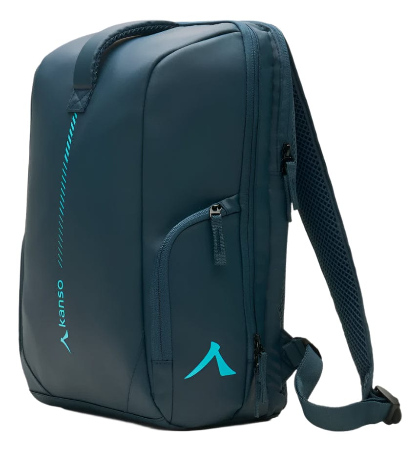 The Kanso Intuko Badminton 23L Backpack in navy features adjustable shoulder straps, a top handle, and multiple zippered compartments with light blue accents. The word "Kanso" is printed on the side. It's perfect for travel and daily use.