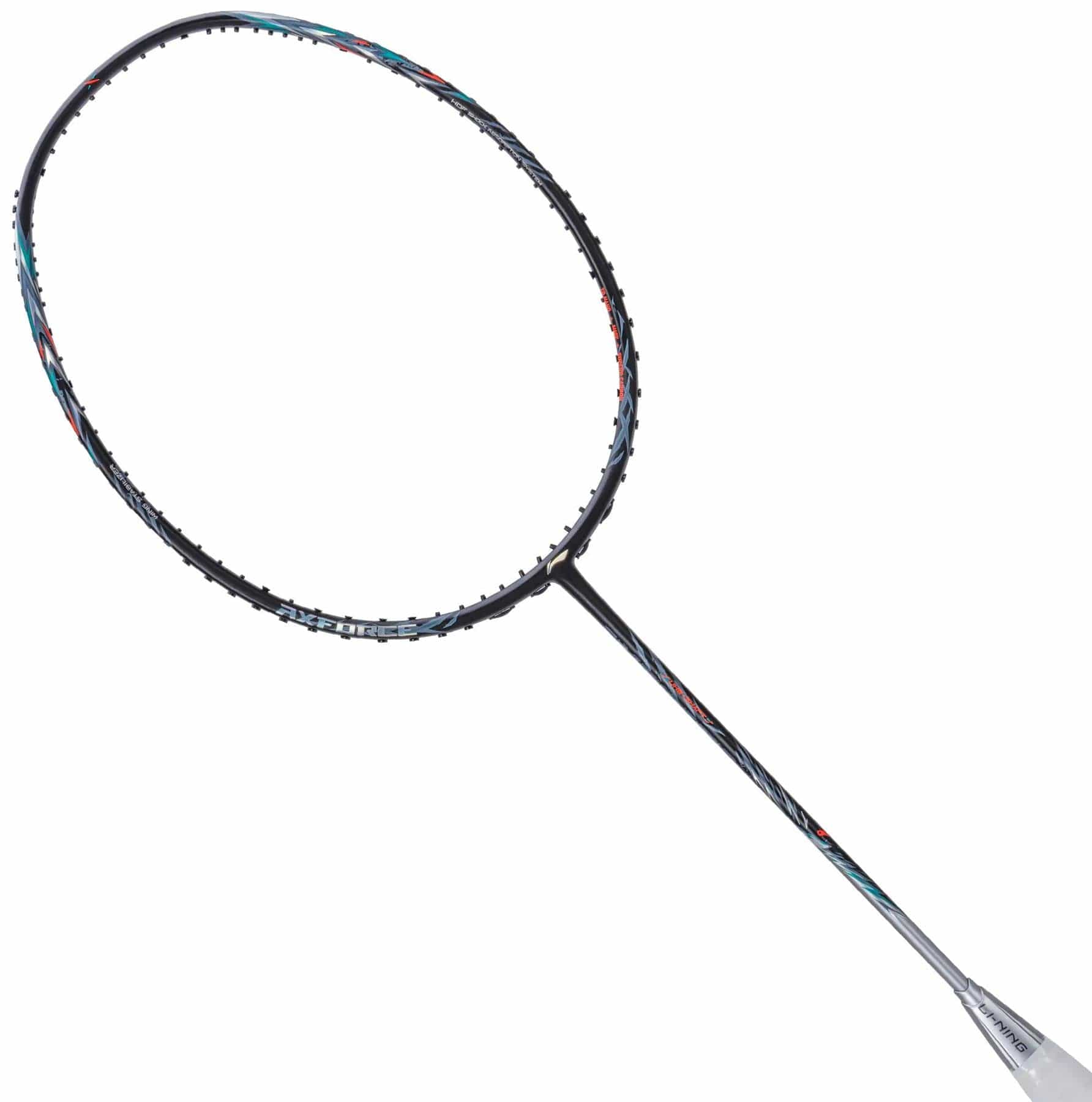 The Li-Ning Axforce 70 5U Badminton Racket in Black/Silver features a sleek dark frame with silver accents and advanced Wing Stabiliser technology, standing out against a crisp white background.