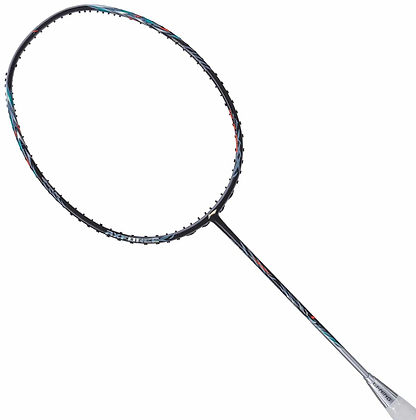 The Li-Ning Axforce 70 5U Badminton Racket in Black/Silver features a sleek dark frame with silver accents and advanced Wing Stabiliser technology, standing out against a crisp white background.
