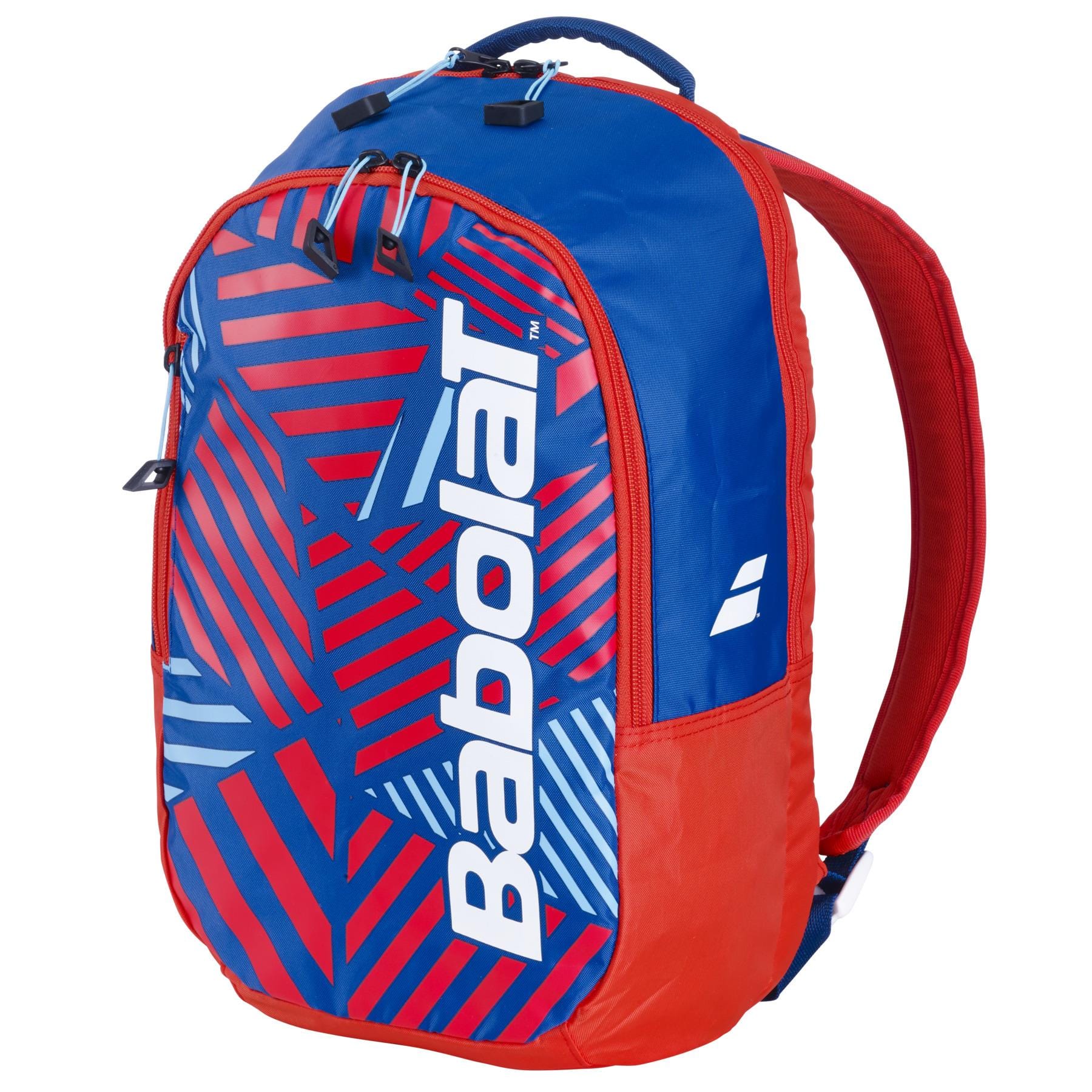 The Babolat Kids Badminton Backpack in blue and red features bold graphics and the brand name on the front. Made from 100% recycled materials, it includes a top handle and adjustable shoulder straps for comfort.