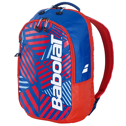 The Babolat Kids Badminton Backpack in blue and red features bold graphics and the brand name on the front. Made from 100% recycled materials, it includes a top handle and adjustable shoulder straps for comfort.