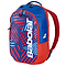 The Babolat Kids Badminton Backpack in blue and red features bold graphics and the brand name on the front. Made from 100% recycled materials, it includes a top handle and adjustable shoulder straps for comfort.