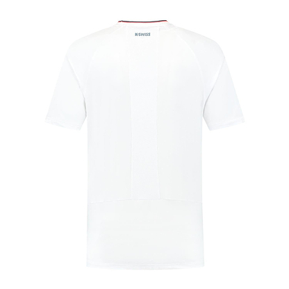 Back view of the K-Swiss Hypercourt Mesh Crew 4 Mens Badminton T-Shirt in white, featuring a small K-Swiss logo near the neckline; designed as performance sportswear inspired by the Hypercourt collection.