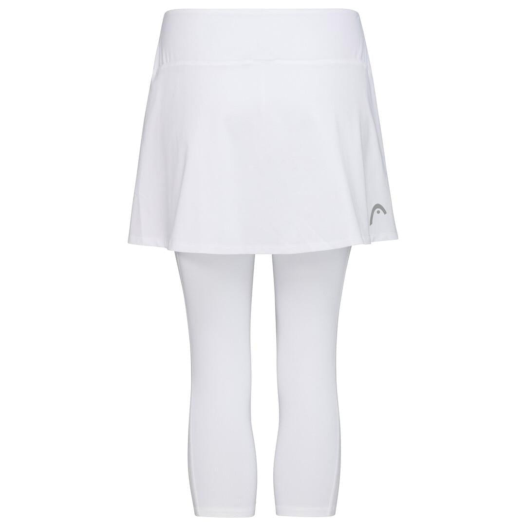 The HEAD Women's Club 3/4 Tights Badminton Skort - White is shown against a plain backdrop. This skort, from the brand HEAD, combines a white athletic skirt with attached 3/4 tights and features Moisture Transfer Microfibre technology for a simple and clean appearance, ideal for sports or casual outings.