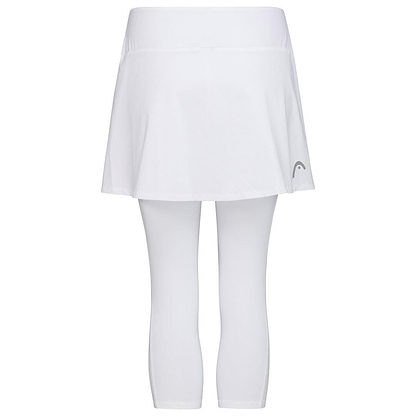The HEAD Women's Club 3/4 Tights Badminton Skort - White is shown against a plain backdrop. This skort, from the brand HEAD, combines a white athletic skirt with attached 3/4 tights and features Moisture Transfer Microfibre technology for a simple and clean appearance, ideal for sports or casual outings.