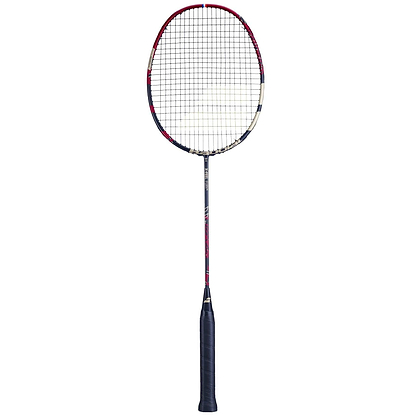 The Babolat X-Feel Fury Badminton Racket in Red and Black, crafted by Babolat, showcases a dark handle and slender shaft complemented by a power-transmitting red frame. The strings are arranged in a grid pattern within the oval-shaped head, all set against a white backdrop.