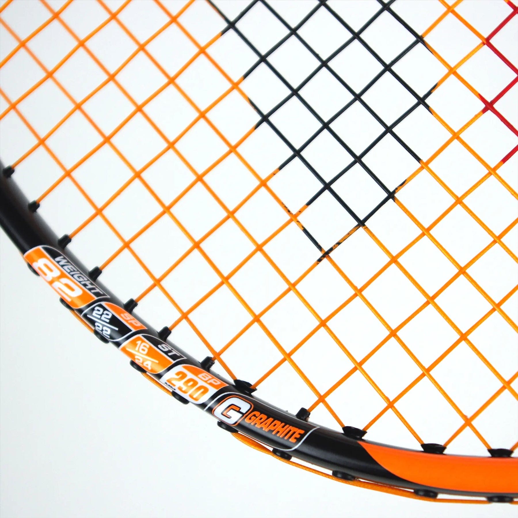 Close-up of the Karakal Black Zone BZ 30 2.1 badminton racket in black and orange, showcasing its distinct string pattern. The frame highlights specifications like weight and materials, featuring an isometric head design for improved performance.