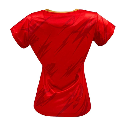 Back view of the Yonex YTL8 Women's Badminton T-Shirt in red/gold, showcasing dynamic red lightning bolt patterns and a yellow neckline. Crafted from moisture-wicking polyester, the glossy and form-fitting fabric is ideal for performance-oriented activities.