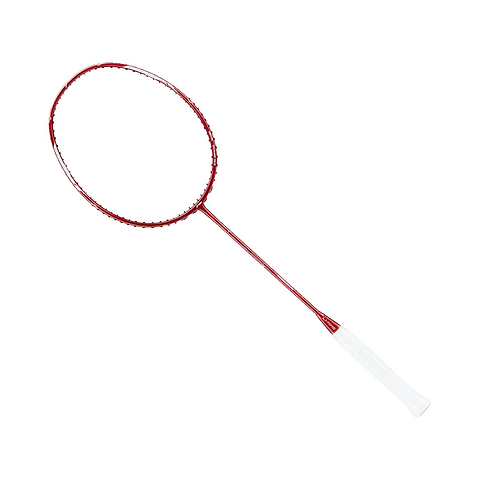 The Li-Ning Axforce Cannon Pro 4U Badminton Racket - Red, featuring a white grip and an innovative design for enhanced power and precision, is showcased against a plain white background.