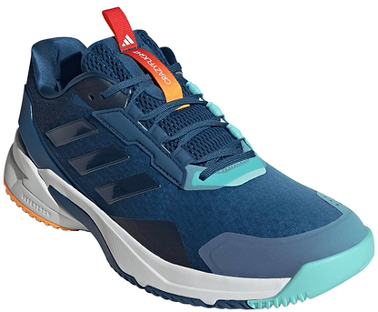 The ADIDAS Crazyflight 6 Mens Indoor Badminton Shoes by adidas feature a navy blue upper with turquoise accents, orange tongue and heel details, black side stripes, and a white sole with orange and blue sections—ideal for fast-paced indoor play.