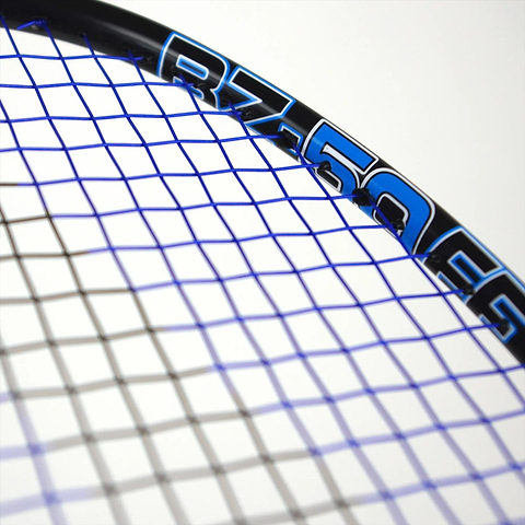 Close-up of the Karakal Black Zone BZ 50 2.1 Badminton Racket head showcasing blue strings on a black frame with "RZ-50FG" text. Made from Fast Fibre Graphite, the isometric square head offers precision, and tightly woven strings stand out against a plain white background.