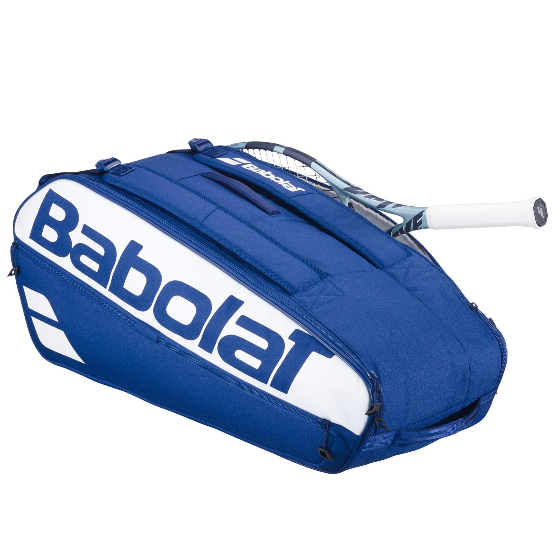 A dark blue Babolat Court L 9 Racket Badminton Bag with a large logo appears partially unzipped, showing a tennis racquet with a white handle inside.