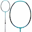 Close-up and full view of the Li-Ning BladeX 700 4U Badminton Racket - Turquoise with a head heavy balance, blue and black design, and white grip by Li-Ning, displayed against a plain white background.