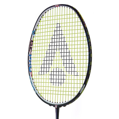 A close-up features the Karakal Black Zone BZ Pro Badminton Racket with a black frame and yellow strings, highlighting its Isometric Head design. The strings display a large black arrowhead logo, indicating the advanced Muscle Tec Technology for improved performance.