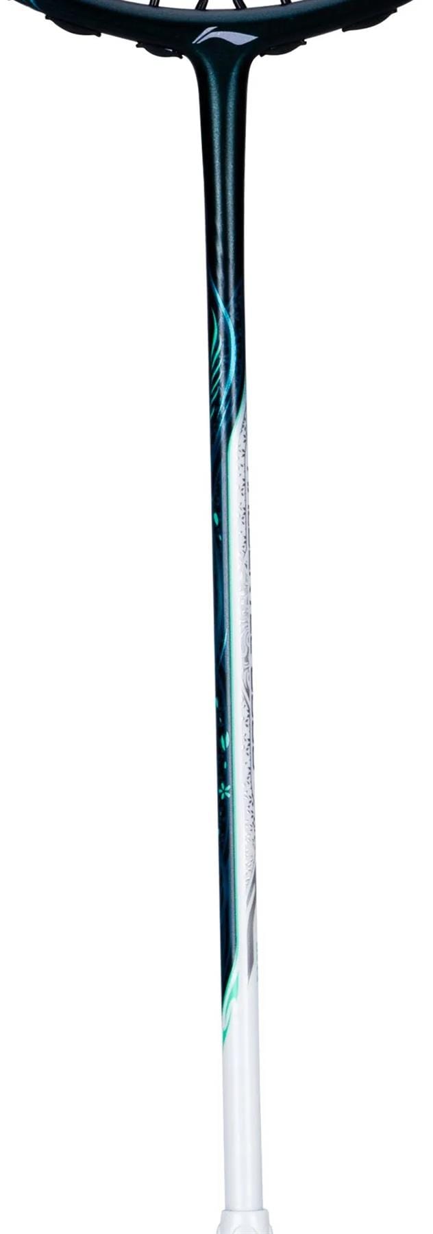 A close-up of a Li-Ning Halbertec 6000 5U Badminton Racket in jade green, showcasing its sleek shaft with stylish accents and the distinctive Li-Ning branding.