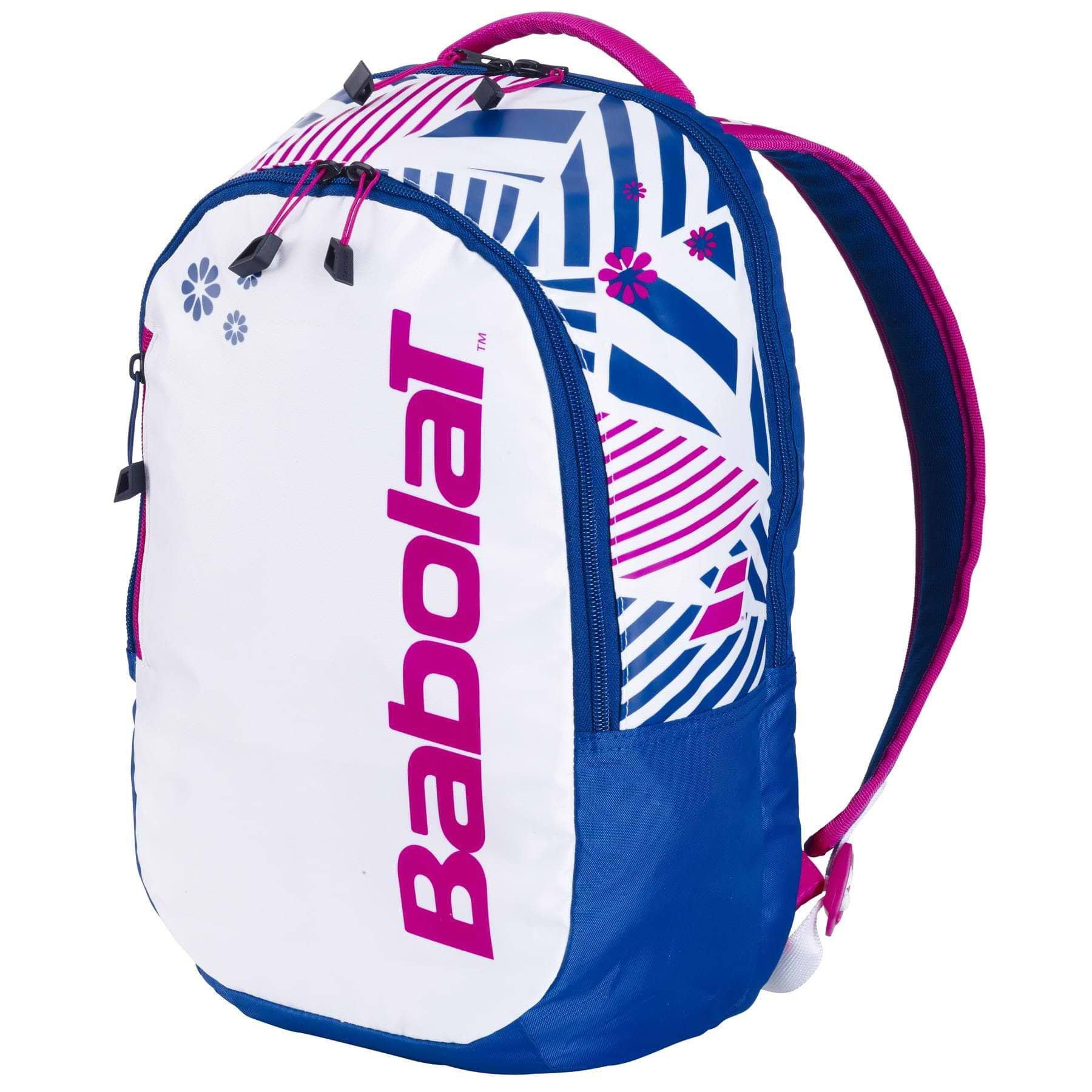 The Babolat Kids Badminton Backpack, made with recycled materials, features a white front, blue sides, pink accents, and geometric-floral patterns. It has black zippers and adjustable straps with the Babolat logo in pink—ideal for tennis and badminton enthusiasts.