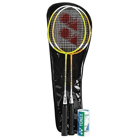 The Yonex GR505 Badminton Racket Set - Orange Yellow includes two rackets, a tube of Yonex shuttlecocks, and a black carrying case—ideal for recreational play.