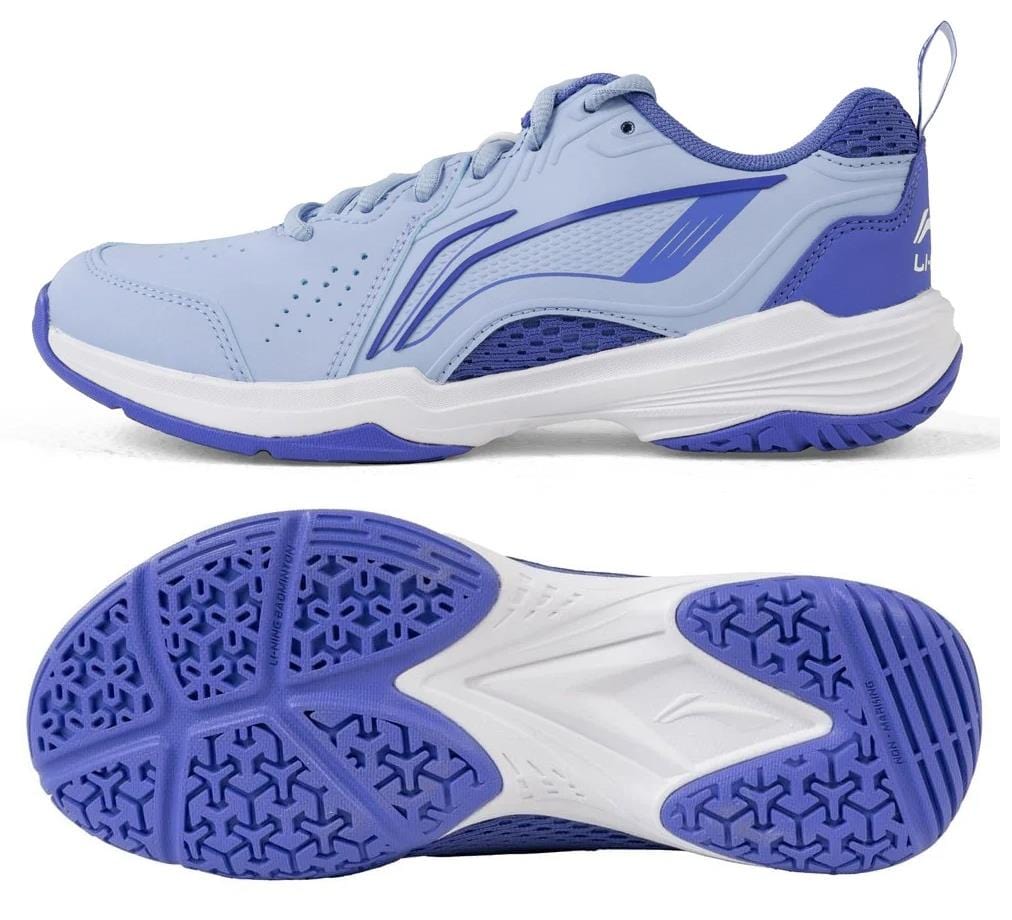 Li-Ning Almighty V2.0 Unisex Badminton Shoes in Lilac/White are shown, featuring a side view that highlights the brand’s design and logo, plus a bottom view revealing a flexible, patterned sole for excellent grip.