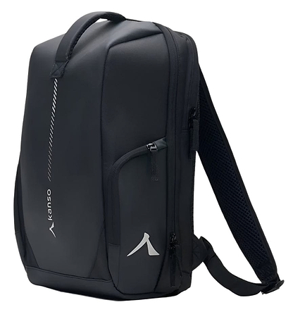 The Kanso Intuko Badminton 23L Backpack, in black with a minimalist design, is displayed against a plain backdrop. It features the brand logo, a comfortable top handle, padded shoulder straps, and multiple zippered compartments.