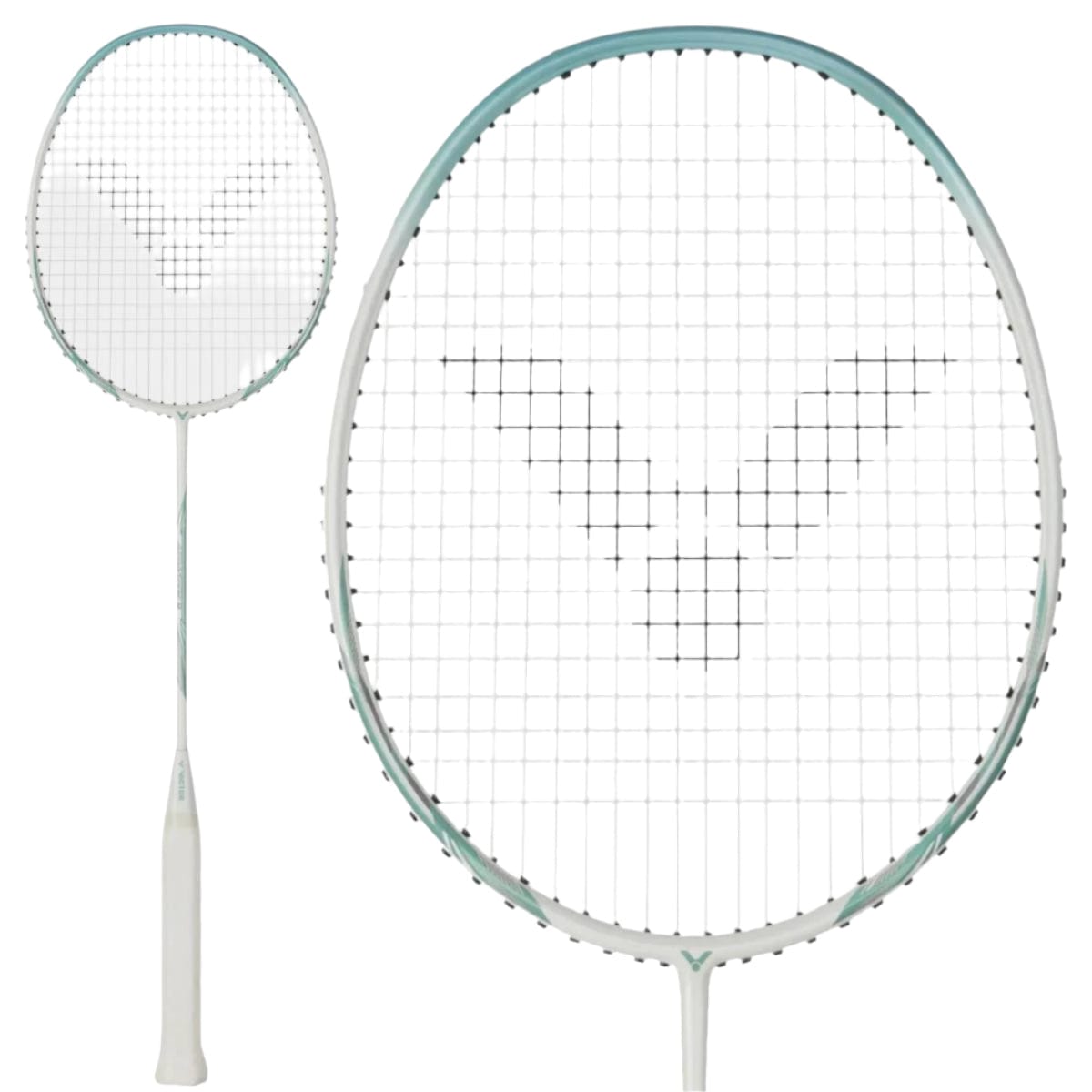 The Victor Auraspeed 9 R 4U Badminton Racket, in white and trimmed with light blue, features a V-shaped string pattern and a white handle, making it ideal for beginner to intermediate players looking for style and performance.