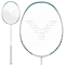 The Victor Auraspeed 9 R 4U Badminton Racket, in white and trimmed with light blue, features a V-shaped string pattern and a white handle, making it ideal for beginner to intermediate players looking for style and performance.