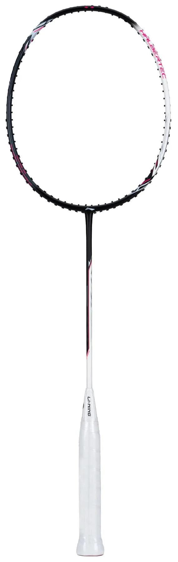 The Li-Ning Halbertec 5000 4U Badminton Racket by Li-Ning features a white and purple frame with a white grip, crafted from High Modulus Graphite for high performance. Shown vertically against a plain white background.