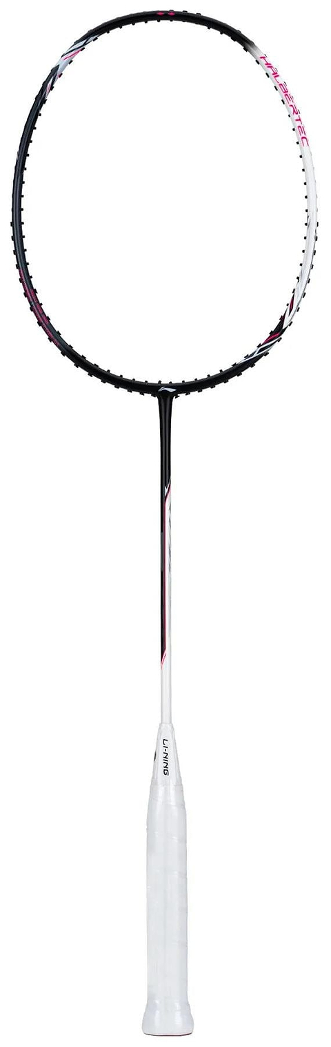 The Li-Ning Halbertec 5000 4U Badminton Racket by Li-Ning features a white and purple frame with a white grip, crafted from High Modulus Graphite for high performance. Shown vertically against a plain white background.